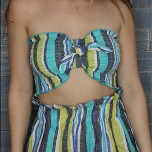 Blue and Green Striped Crop Top Set